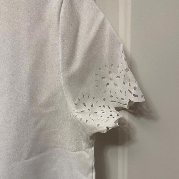 White Short Sleeve Top with Scalloped Laser Cut Edges - Picture 5 of 8